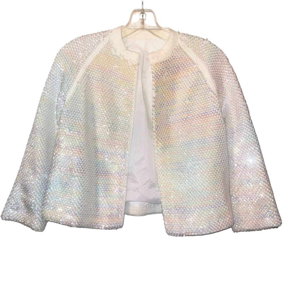 Vintage Iridescent Sequin Open Front Cropped Cardigan Sweater‎